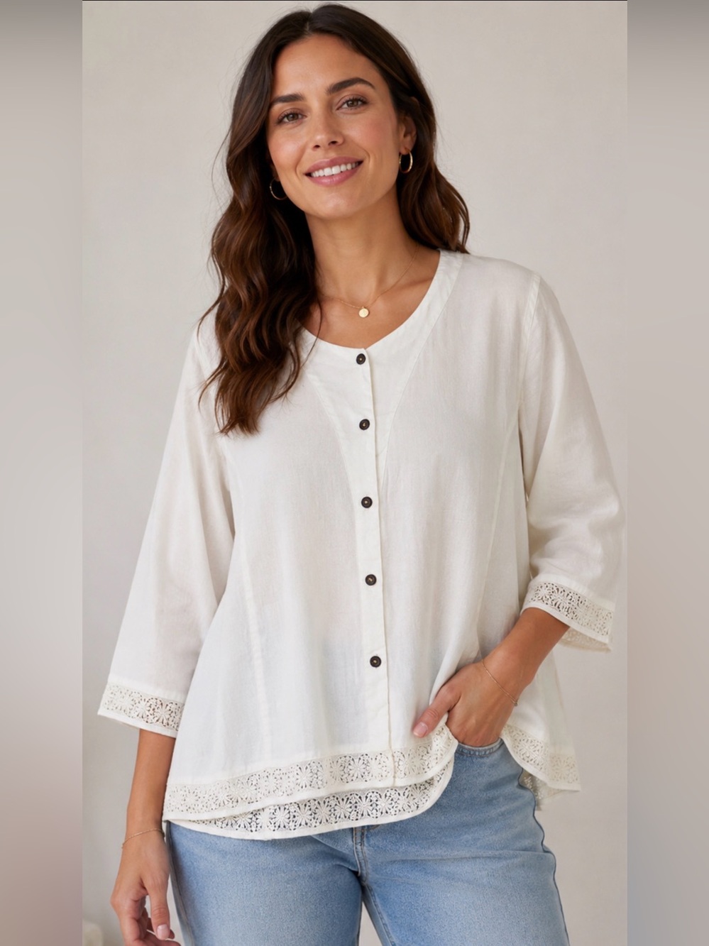 Kleen White Cream Lace-Trim Button-Front Blouse XL Boho Cottagecore Resortwear - Picture 11 of 11